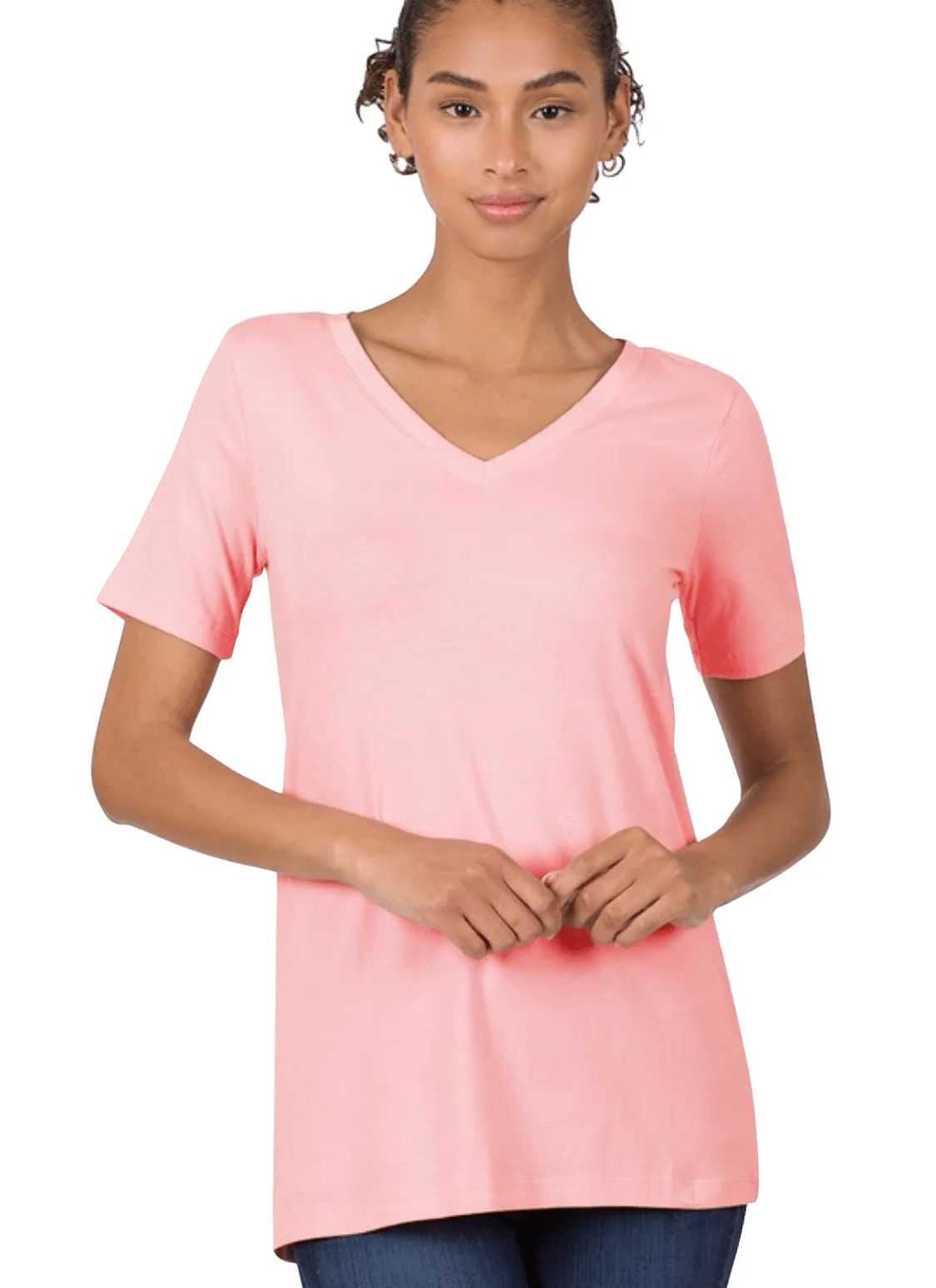 1009   Dusty Pink Cotton V-neck Basic T-Shirt
