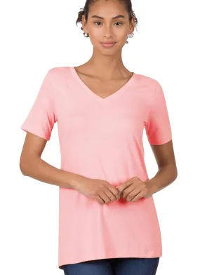 1009   Dusty Pink Cotton V-neck Basic T-Shirt