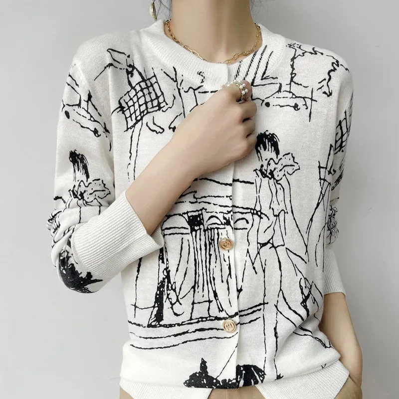 Abstract Women's Worsted Thin Wool Knitted Cardigan - Ailime Designs