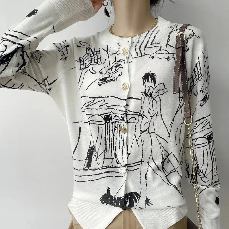 Abstract Women's Worsted Thin Wool Knitted Cardigan - Ailime Designs