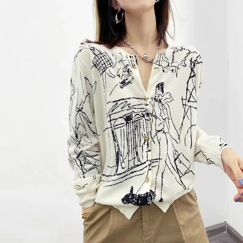 Abstract Women's Worsted Thin Wool Knitted Cardigan - Ailime Designs