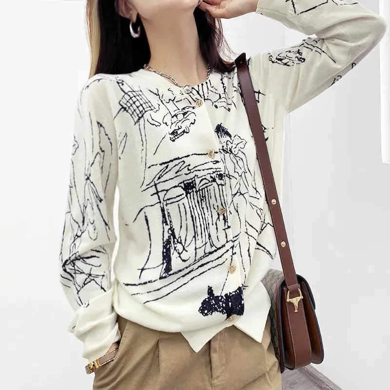 Abstract Women's Worsted Thin Wool Knitted Cardigan - Ailime Designs
