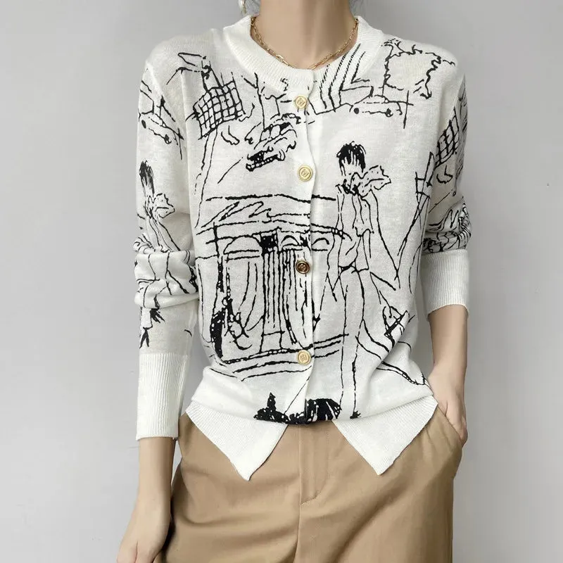 Abstract Women's Worsted Thin Wool Knitted Cardigan - Ailime Designs