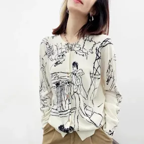 Abstract Women's Worsted Thin Wool Knitted Cardigan - Ailime Designs