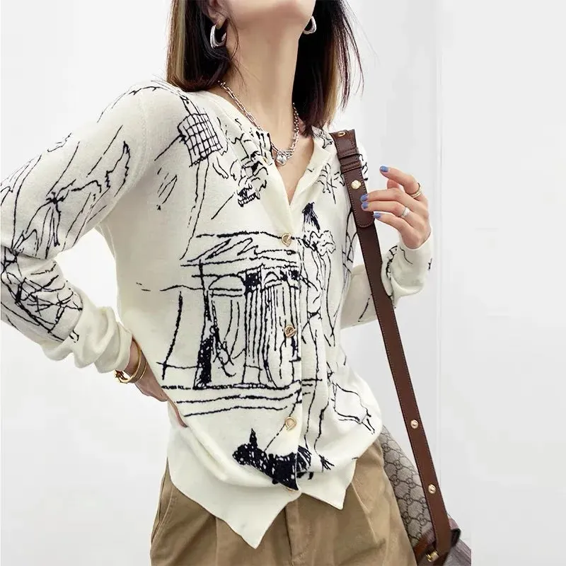 Abstract Women's Worsted Thin Wool Knitted Cardigan - Ailime Designs