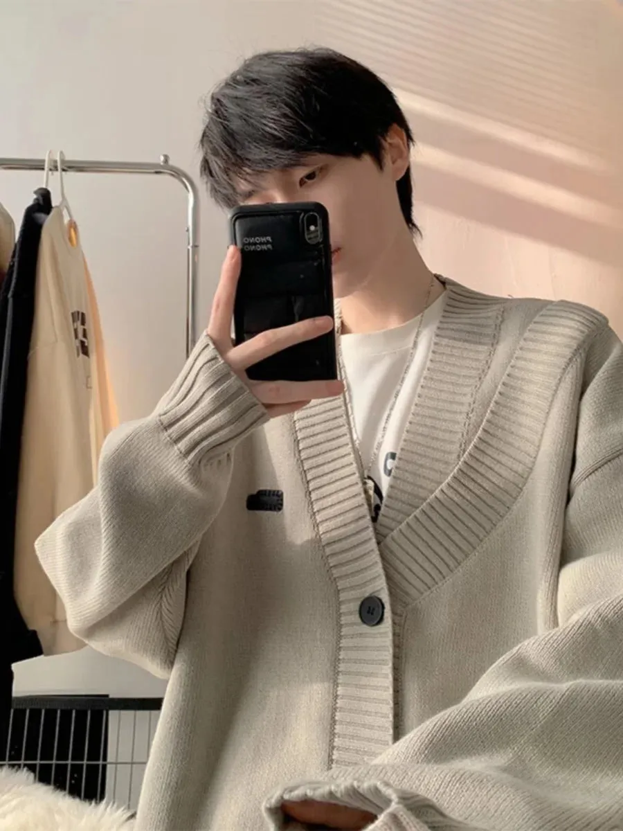 Aidase Cardigans Men Fashion Popular Youthful American Style V-neck Solid Color Handsome Spring Autumn Streetwear Knitting Loose Daily