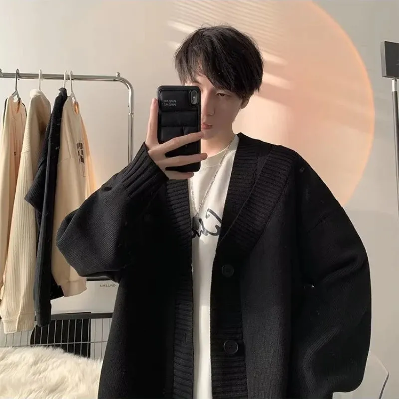 Aidase Cardigans Men Fashion Popular Youthful American Style V-neck Solid Color Handsome Spring Autumn Streetwear Knitting Loose Daily