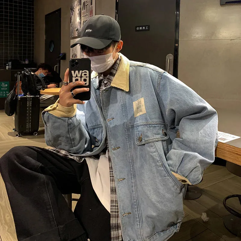 Aidase Retro Lapel Denim Jacket Men Jean Jackets Streetwear Turn Down Collar Denim Coats Cotton Casual Black Blue Coats Man Clothing