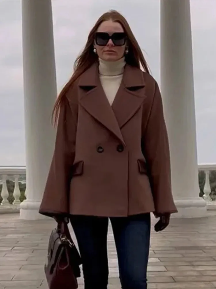Bonnyshow Vintage Turndown Collar Women's Jacket Long Sleeve Double Breasted Splicing Leather Jackets Fashion Casual Retro Women Coat