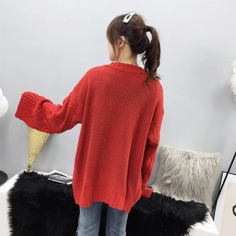 Cable Knit Solid Pockets Loose Dropped Shoulder Sweater