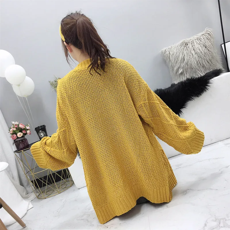 Cable Knit Solid Pockets Loose Dropped Shoulder Sweater