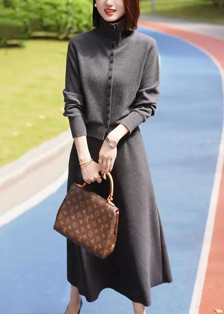 Casual Dark Grey Stand Collar Cotton Knit Cardigans And Maxi Skirts Two Piece Set Winter RF035