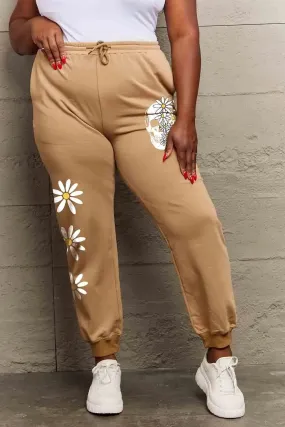 Casual Graphic Long Sweatpants with Drawstring - Flower & Skull Design
