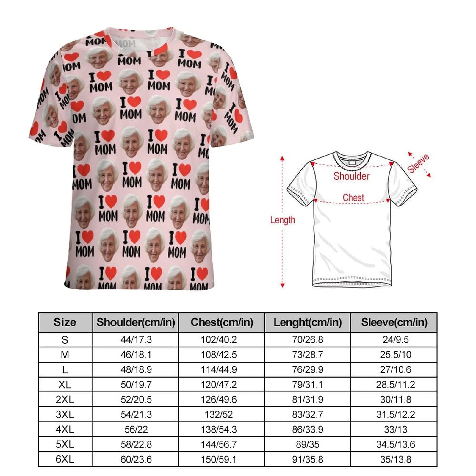 Custom Photo T-Shirt With Mother's Photo All Over I love Mom Mother's Day Gift