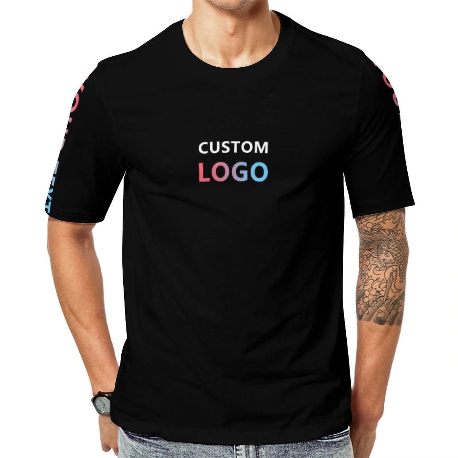 Custom Text&Logo Black Men's Classic T-shirt Personalized Men's Round Neck T-shirt