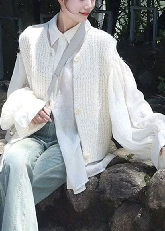 Cute White Hollow Out Knit Cardigans And Shirts Two Pieces Set Long Sleeve ML2197