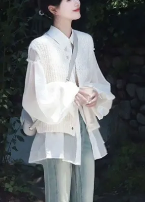 Cute White Hollow Out Knit Cardigans And Shirts Two Pieces Set Long Sleeve ML2197