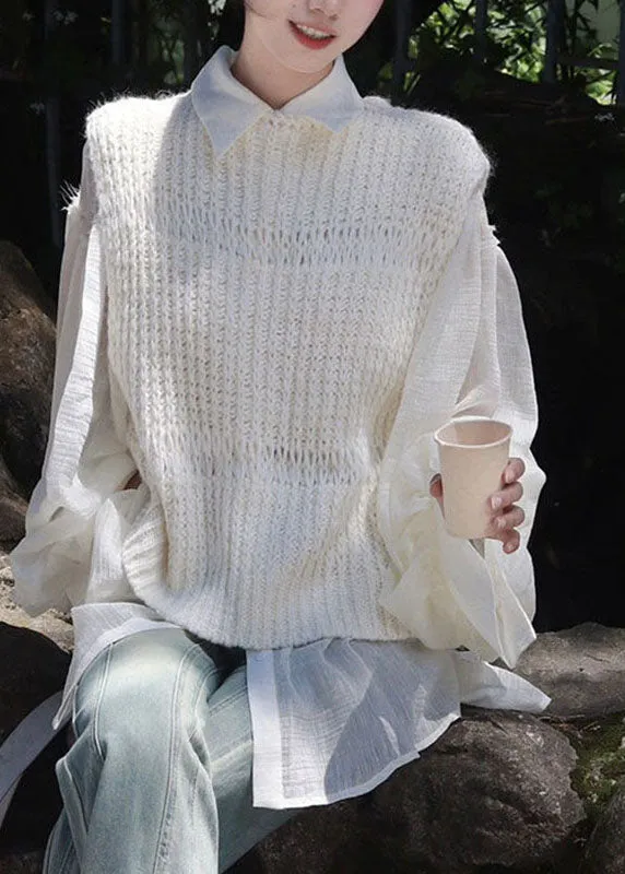 Cute White Hollow Out Knit Cardigans And Shirts Two Pieces Set Long Sleeve ML2197