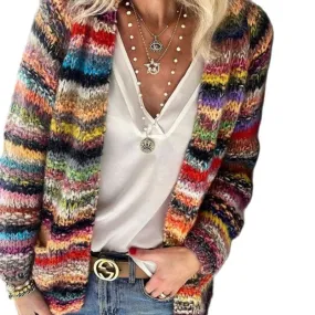 FashionSierra - Cardigans Women Elegant Multicolor Print Knitted Sweater Ladies Casual Pocket