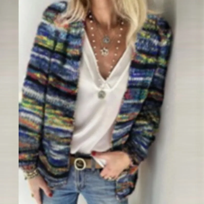 FashionSierra - Cardigans Women Elegant Multicolor Print Knitted Sweater Ladies Casual Pocket