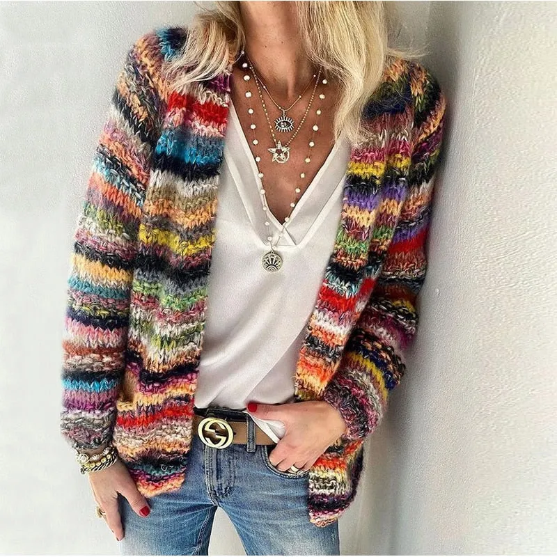 FashionSierra - Cardigans Women Elegant Multicolor Print Knitted Sweater Ladies Casual Pocket
