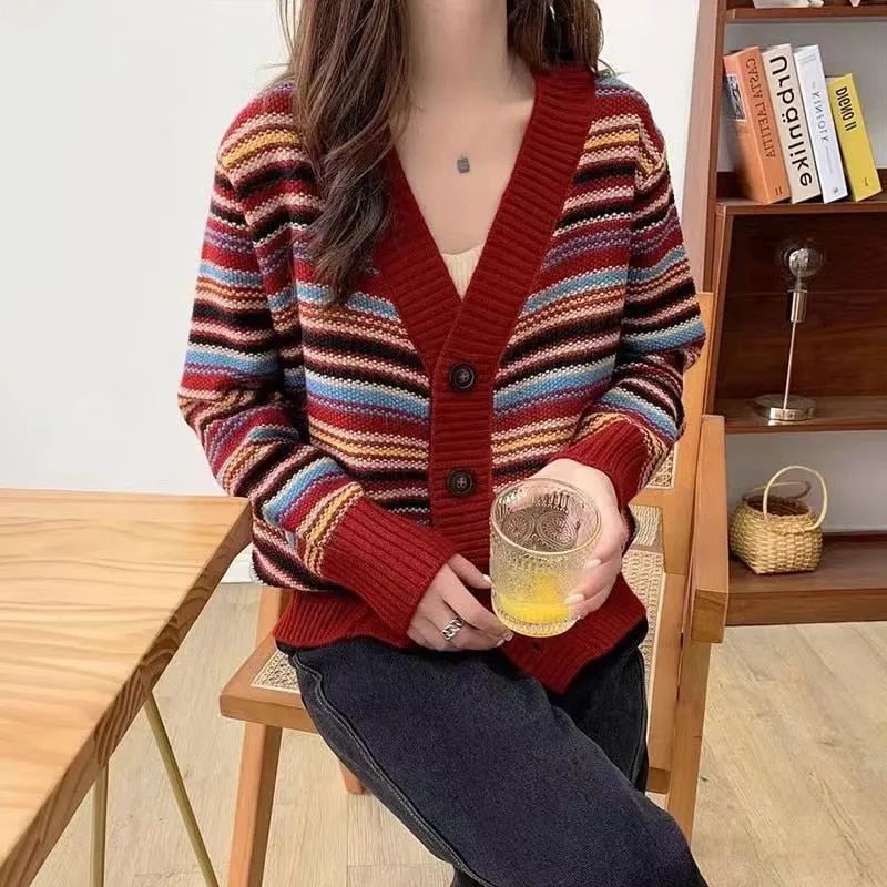 FashionSierra - Cardigans Women Elegant Multicolor Print Knitted Sweater Ladies Casual Pocket