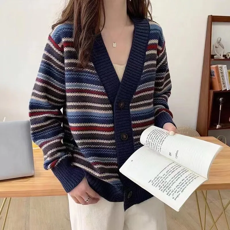 FashionSierra - Cardigans Women Elegant Multicolor Print Knitted Sweater Ladies Casual Pocket