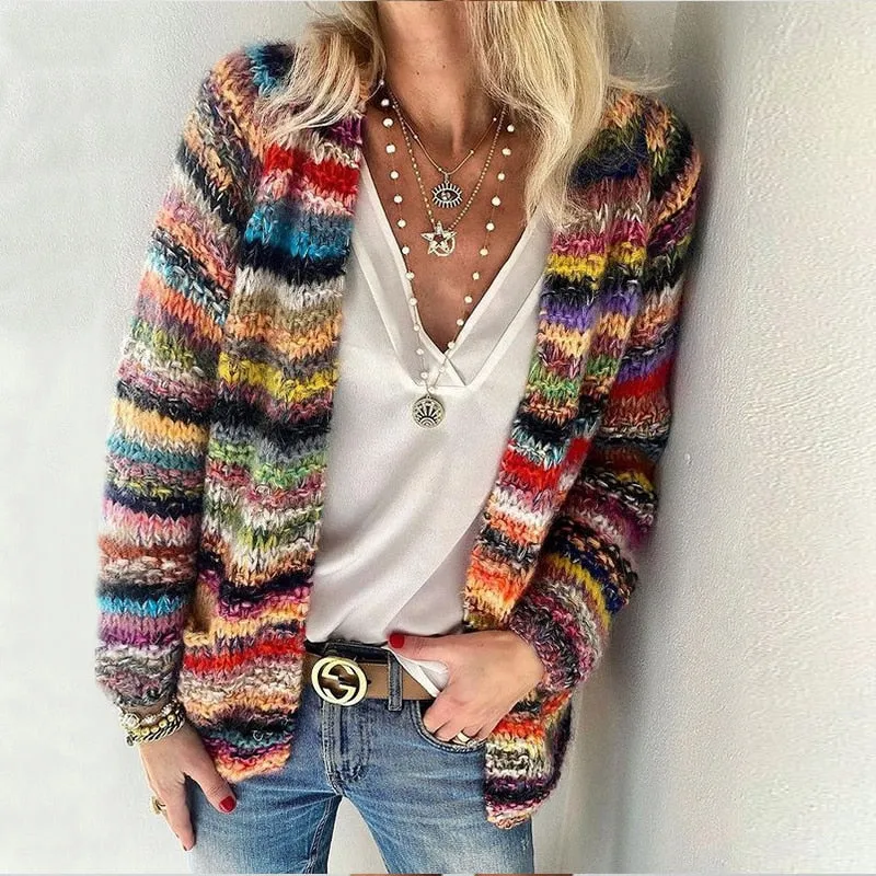 FashionSierra - Cardigans Women Elegant Multicolor Print Knitted Sweater Ladies Casual Pocket