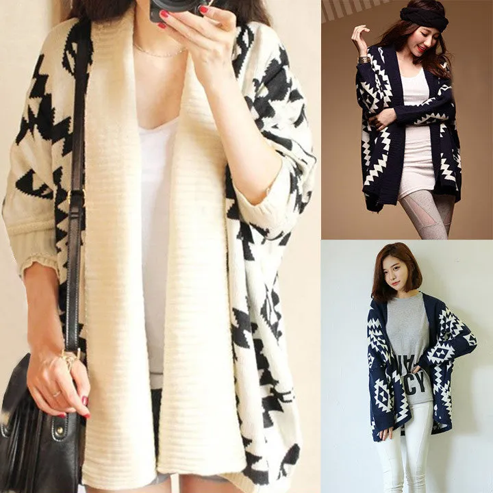 Geometric Pattern Open Loose Cape Cardigan