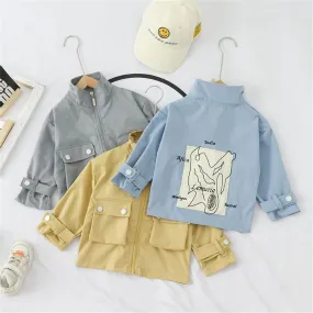 Girls Letter Printed Solid Long Sleeve Pocket Jackets