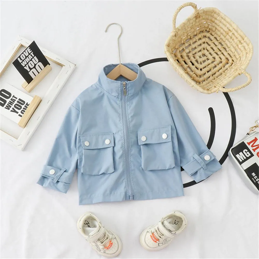 Girls Letter Printed Solid Long Sleeve Pocket Jackets