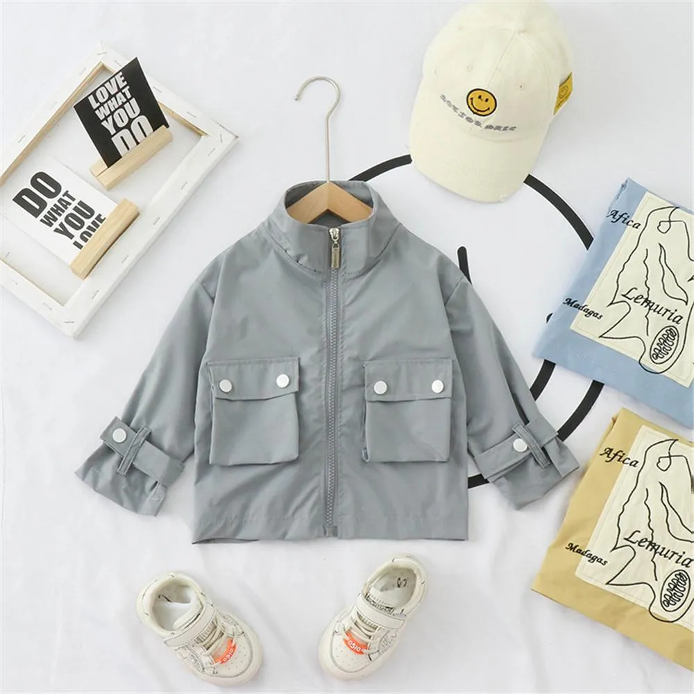 Girls Letter Printed Solid Long Sleeve Pocket Jackets