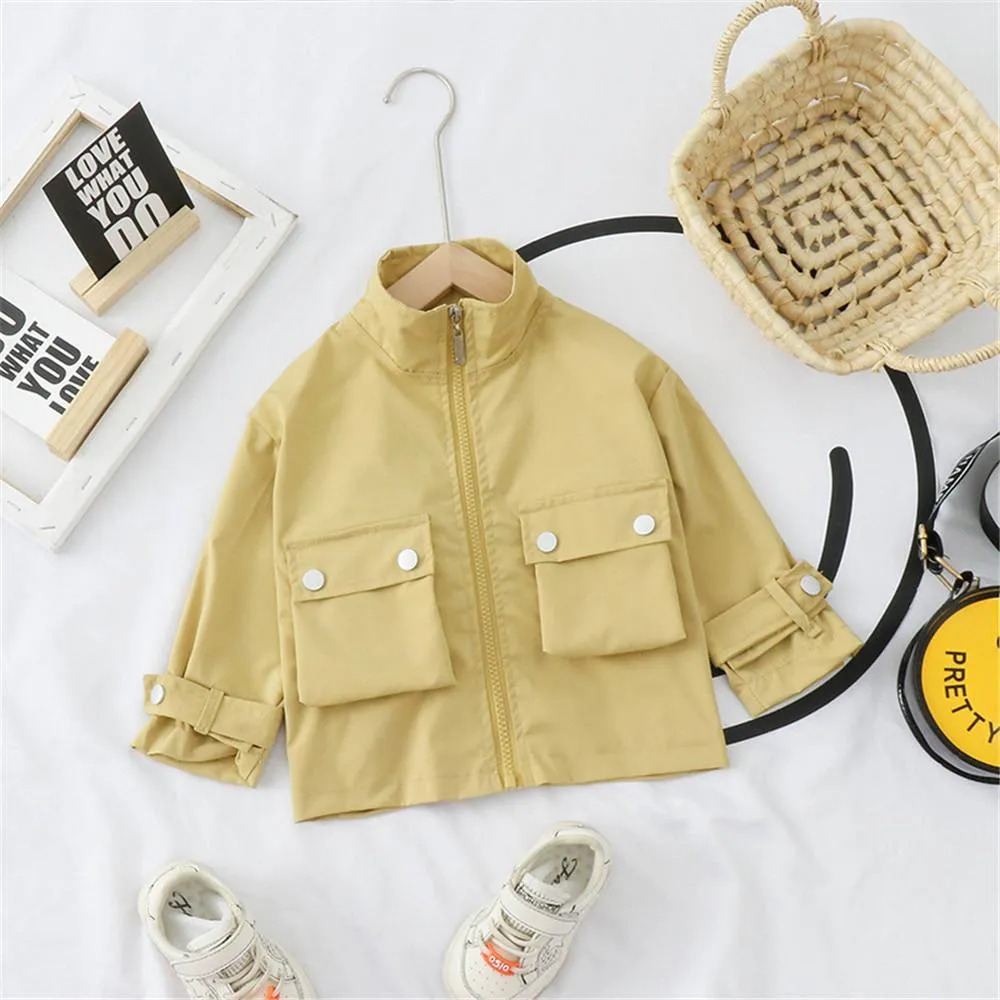 Girls Letter Printed Solid Long Sleeve Pocket Jackets