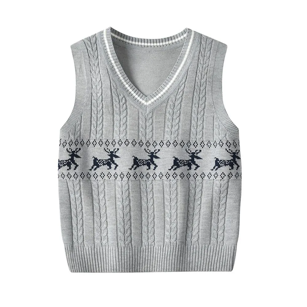Girls Sleeveless Knitted Elk Print Vest Sweaters