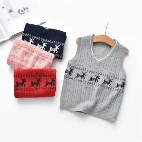 Girls Sleeveless Knitted Elk Print Vest Sweaters
