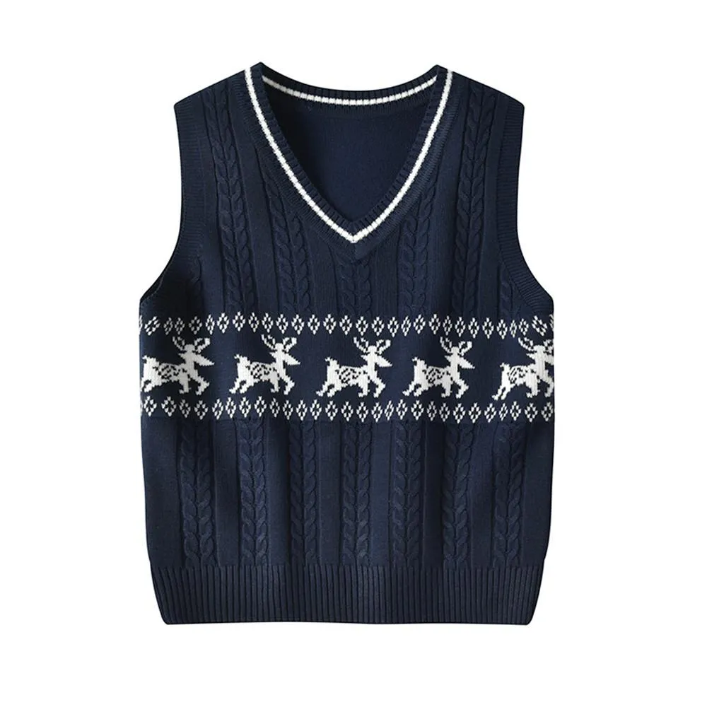 Girls Sleeveless Knitted Elk Print Vest Sweaters