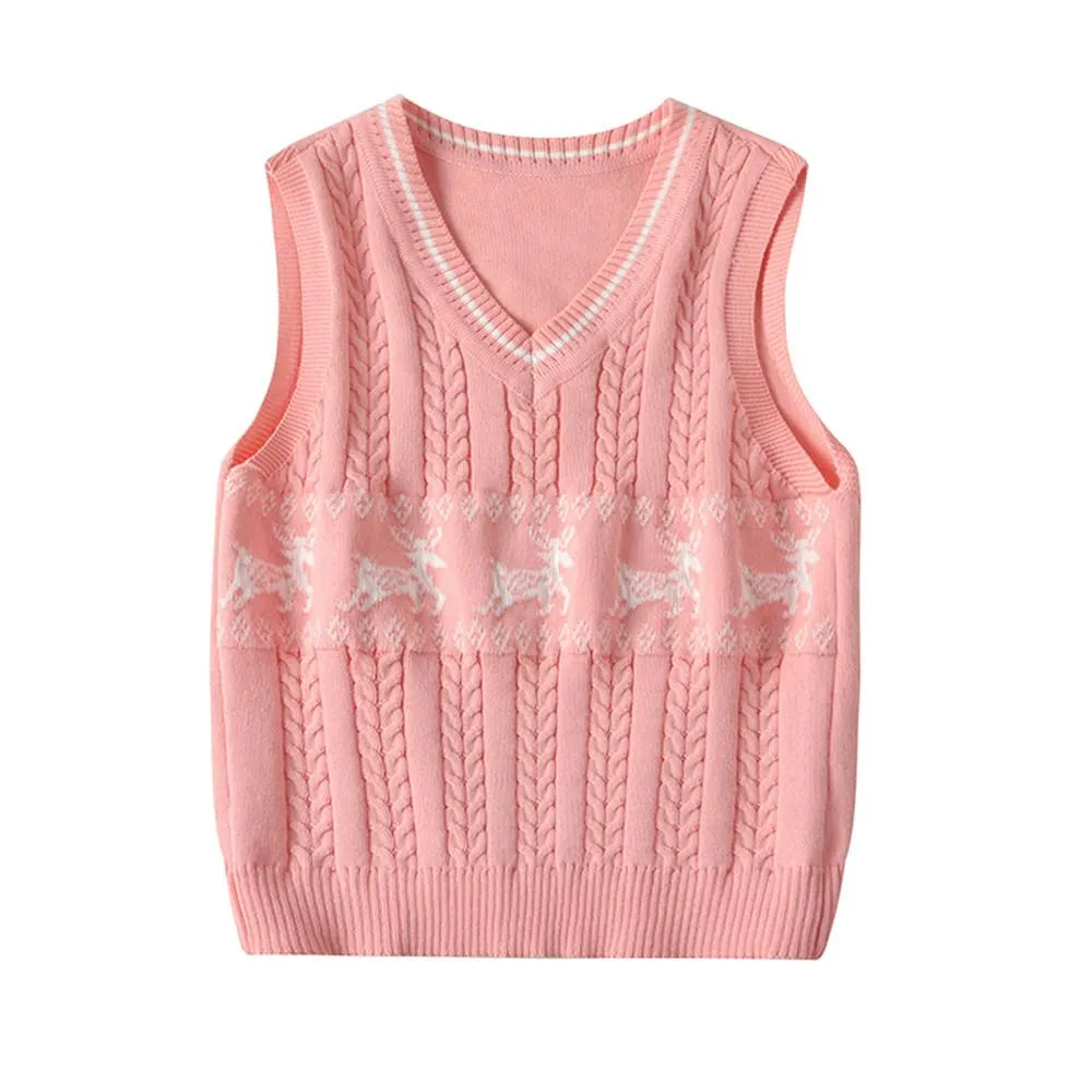 Girls Sleeveless Knitted Elk Print Vest Sweaters