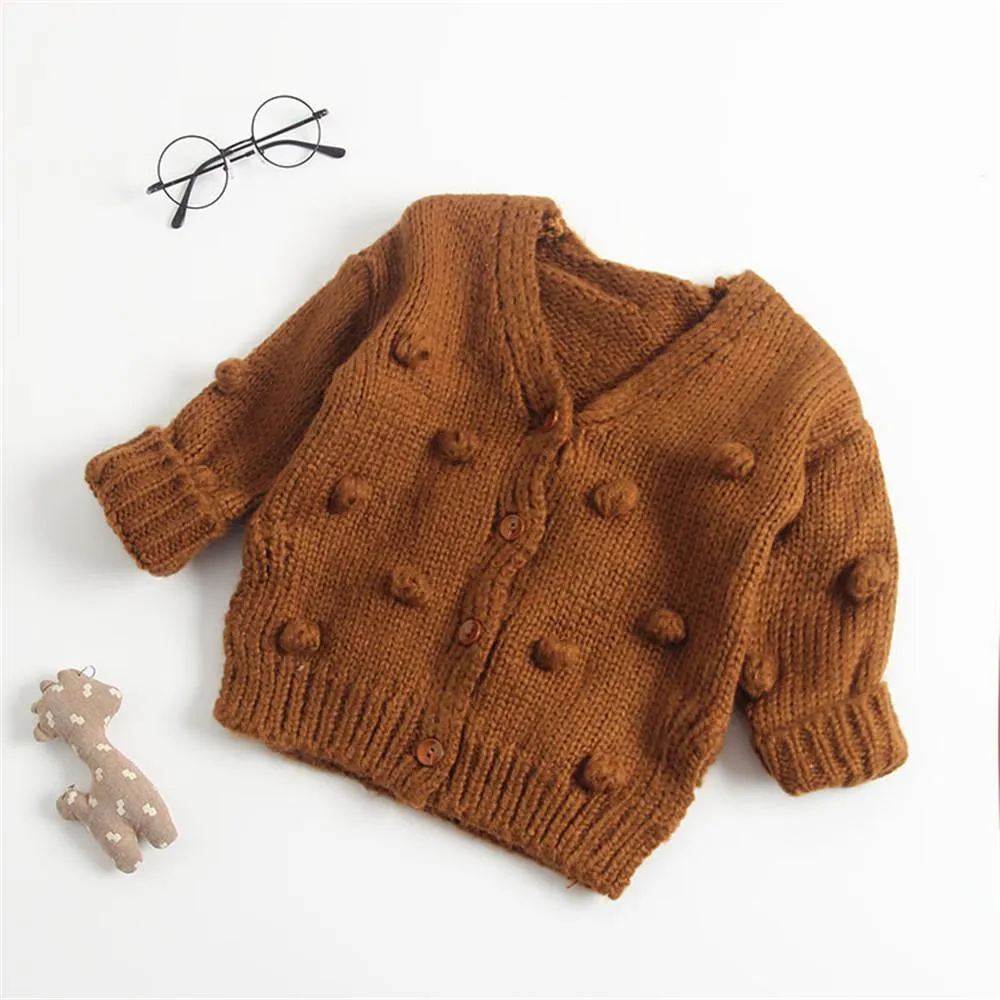 Girls Solid Long Sleeve Handmade Cardigan Bubble Ball Sweaters