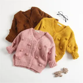 Girls Solid Long Sleeve Handmade Cardigan Bubble Ball Sweaters