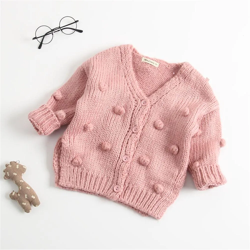 Girls Solid Long Sleeve Handmade Cardigan Bubble Ball Sweaters