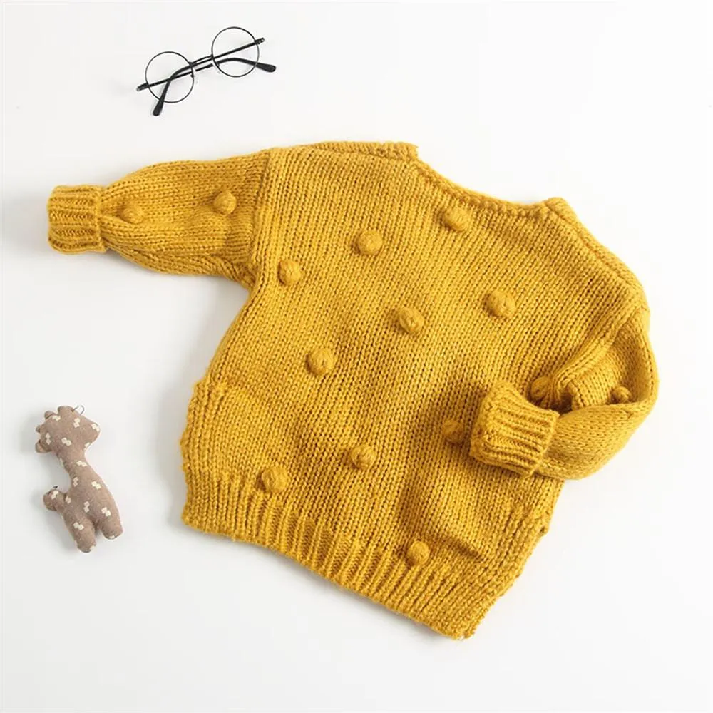 Girls Solid Long Sleeve Handmade Cardigan Bubble Ball Sweaters