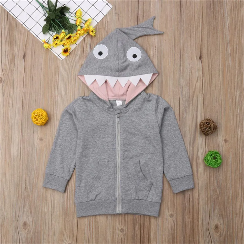 Girls Solid Shark Hooded Long Sleeve Jackets