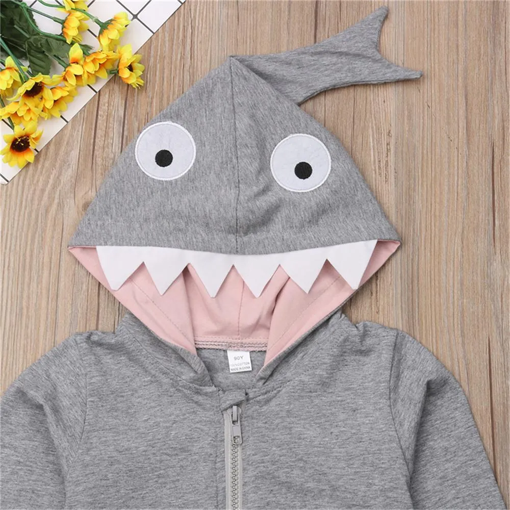 Girls Solid Shark Hooded Long Sleeve Jackets