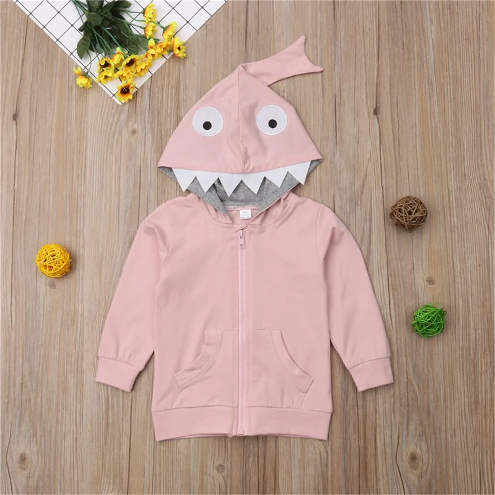 Girls Solid Shark Hooded Long Sleeve Jackets