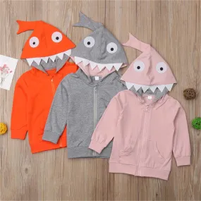 Girls Solid Shark Hooded Long Sleeve Jackets