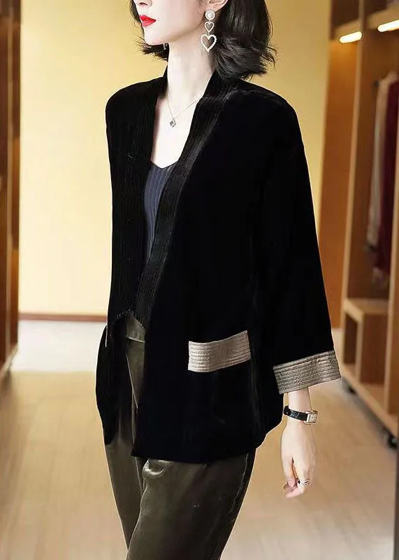 Loose Black V-Neck Pockets Patchwork Silk Velour Cardigans Bracelet Sleeve LY8189