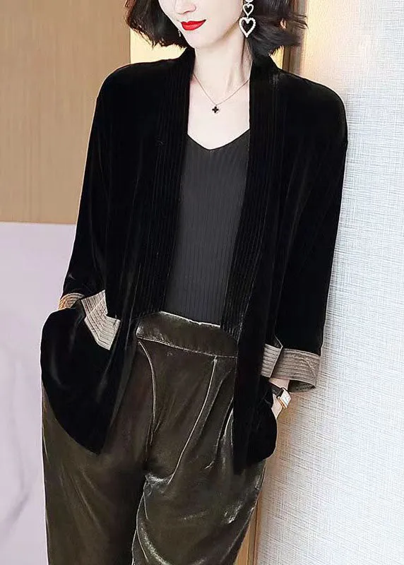 Loose Black V-Neck Pockets Patchwork Silk Velour Cardigans Bracelet Sleeve LY8189