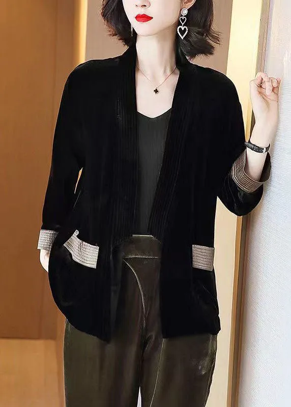 Loose Black V-Neck Pockets Patchwork Silk Velour Cardigans Bracelet Sleeve LY8189