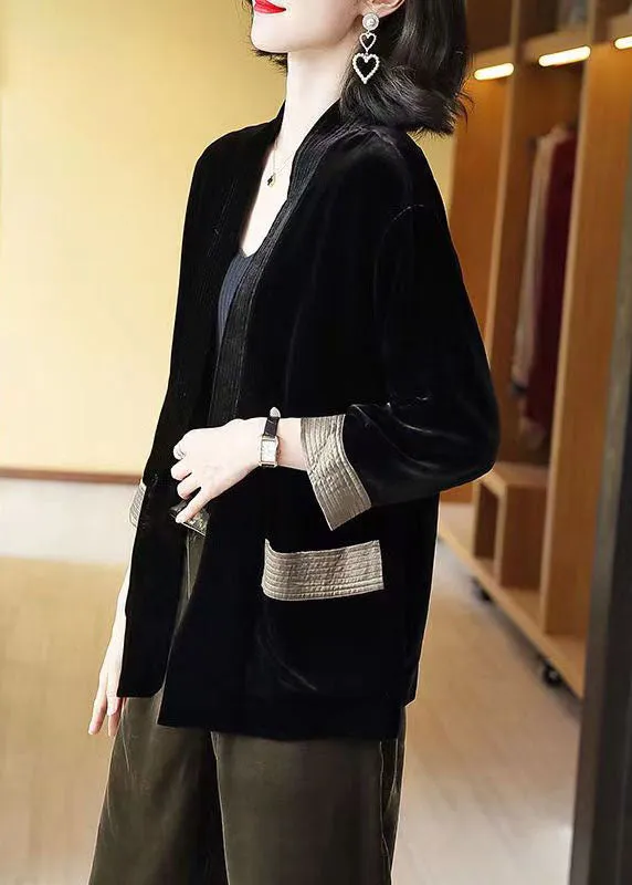 Loose Black V-Neck Pockets Patchwork Silk Velour Cardigans Bracelet Sleeve LY8189