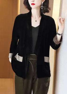 Loose Black V-Neck Pockets Patchwork Silk Velour Cardigans Bracelet Sleeve LY8189